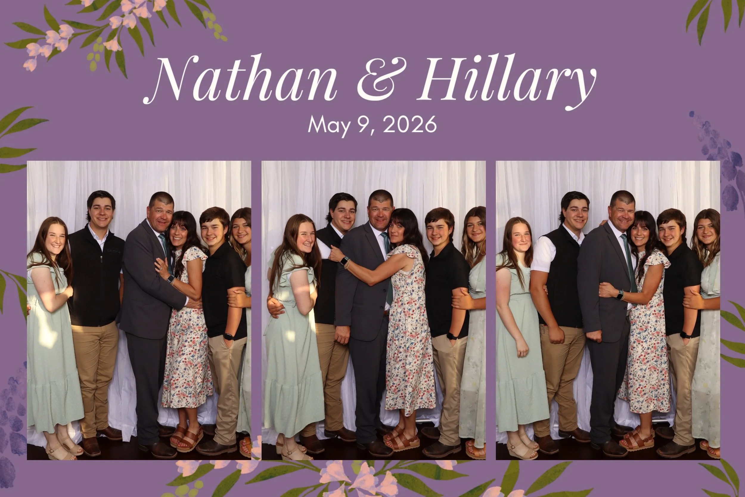 A group of eight people, including men and women, posing for photos at a wedding or formal event, with some smiling and standing close together in front of a white curtain backdrop. The top of the image has floral decorations and a purple background 