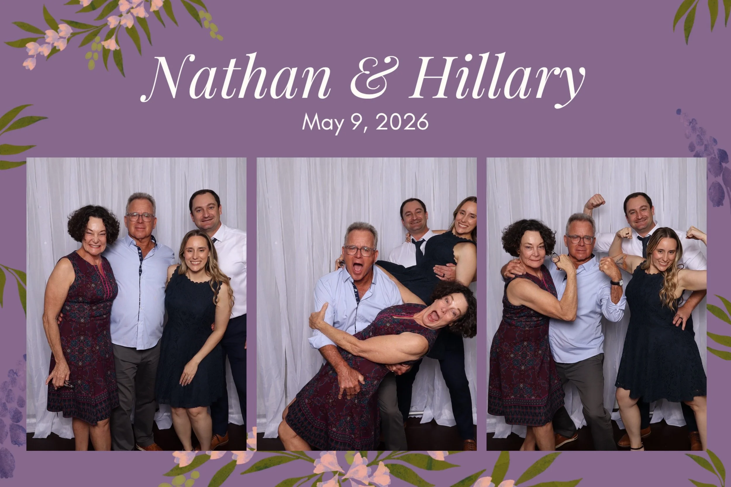 Colorful photo booth picture featuring a group of seven people, some making funny faces and poses, in front of a white curtain backdrop. The event is titled "Nathan & Hillary" with the date "May 9, 2026" on a purple background decorated with floral a
