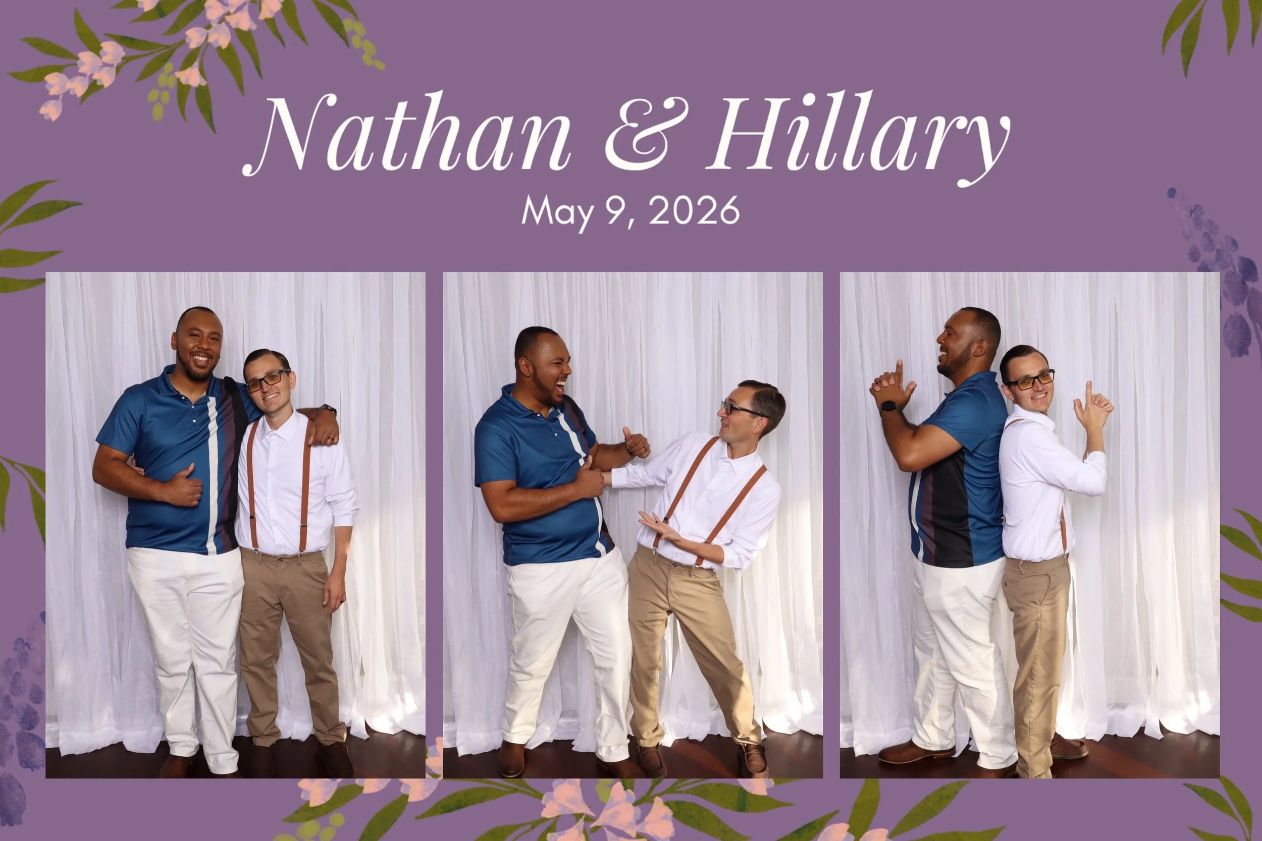 A collage for a wedding featuring three photos of two men and a woman, with a purple floral background and the text 'Nathan & Hillary May 9, 2026' at the top.