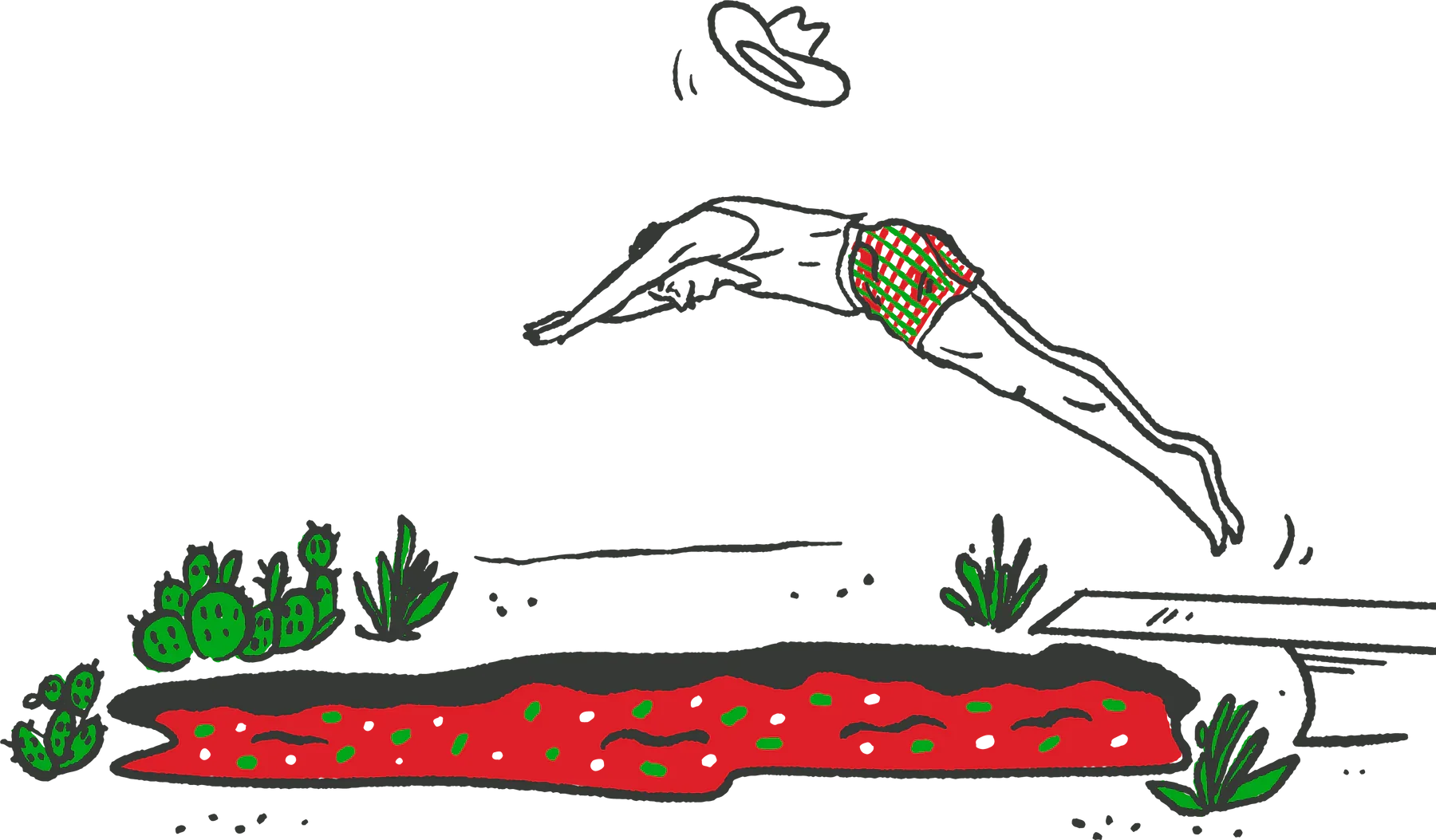 Illustration showing a hand with a bandage checking for a pulse at the wrist, with a red heart symbol. Outdoor garden scene with plants, flowers, and a patch of red soil.