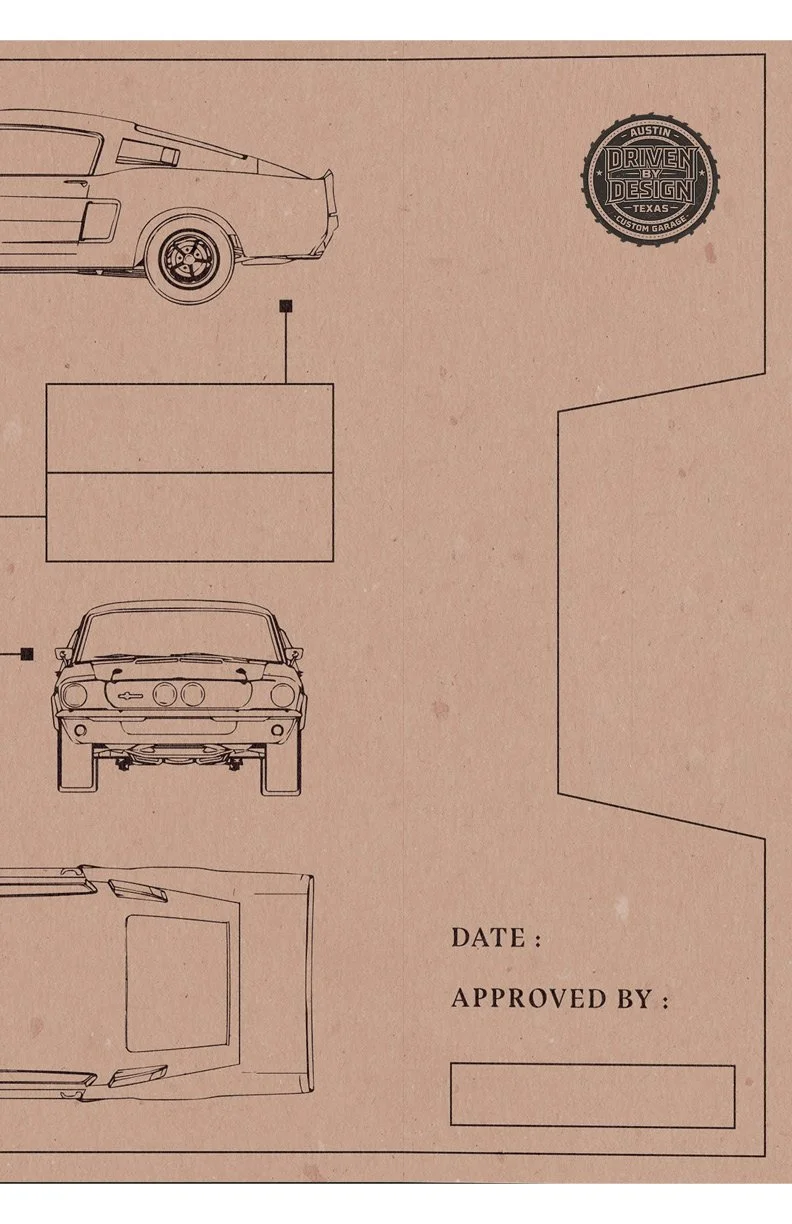 Blueprint-style drawing of a classic car from side, front, and top views, with a stamp indicating 'Driven by Design Austin Texas' and a section for date, approval, and signature.