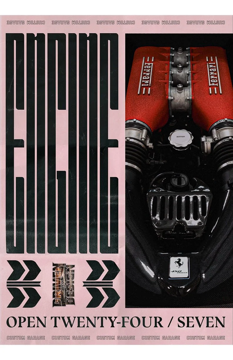 Poster featuring a close-up image of a Ferrari engine and the words 'Open Twenty-Four / Seven' at the bottom.