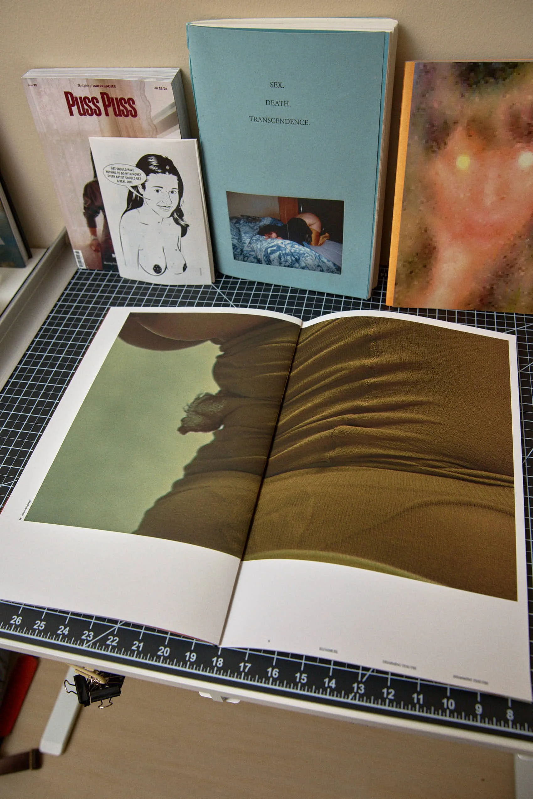 A display of various books and magazines on a black grid desk. One open magazine shows a photograph of a person lying down, shown from the back, with their head turned away. The other books have titles related to sex, death, and transcendence, along with a comic-style booklet and abstract art.