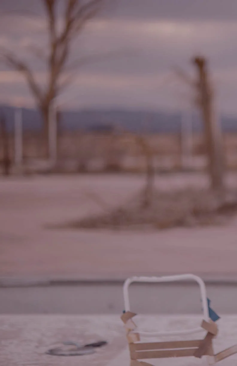 An outdoor scene with a blurred background of trees and a landscape during dusk or dawn, with a whiteboard or sign in the foreground.