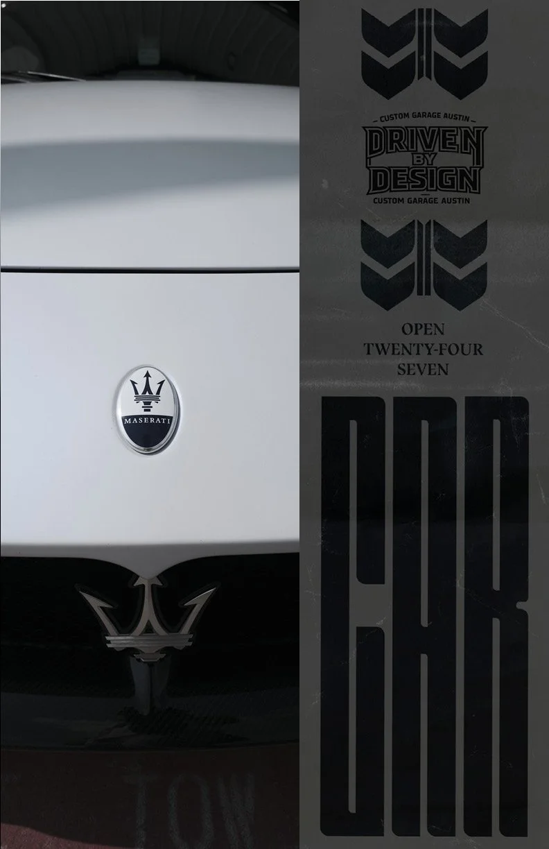 Close-up of the rear of a white Maserati car displaying the Maserati logo, with a vertical black sticker on the right side bearing the text 'Custom Garage Austin,' 'Driven by Design,' and the number 0247.