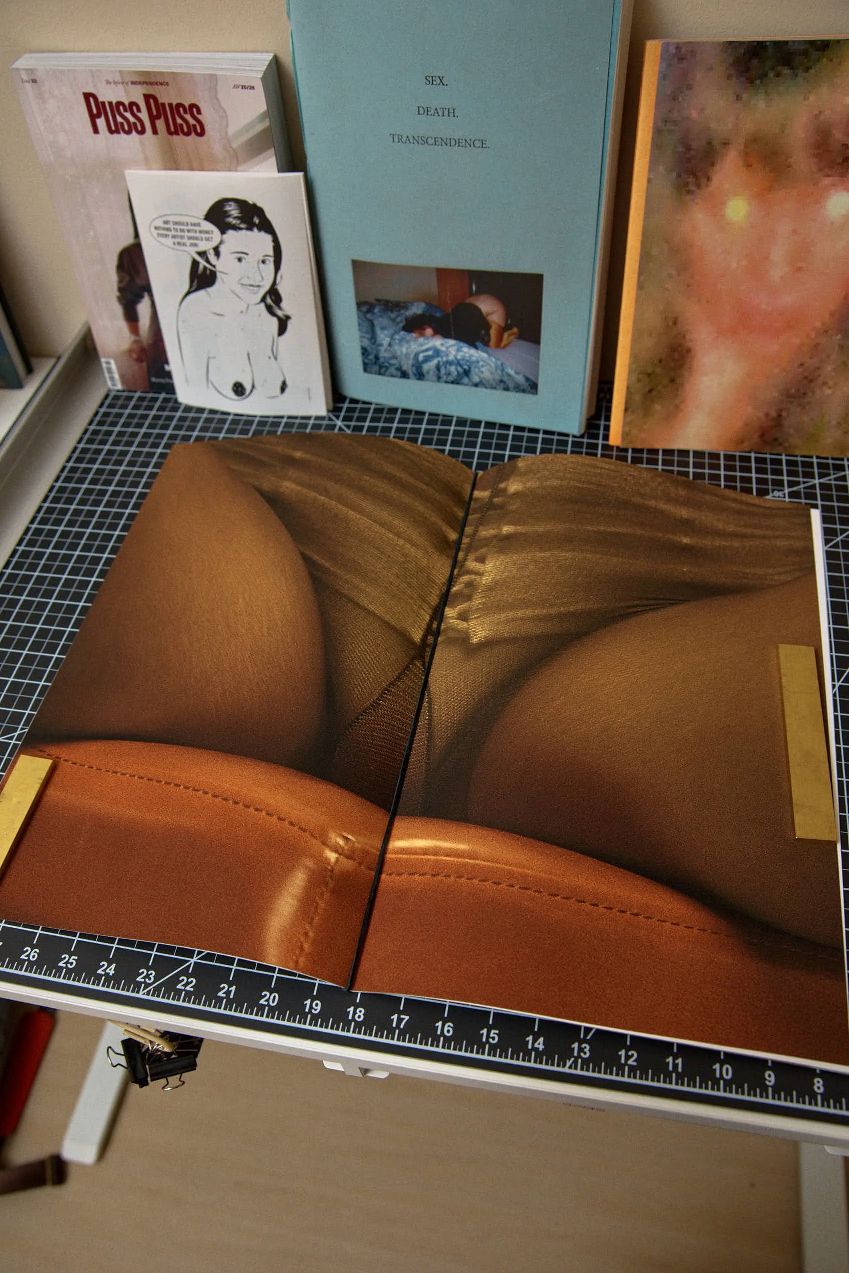 Open book displaying a close-up photograph of a woman's legs wearing fishnet stockings and a leather skirt, placed on a black cutting mat with measurement markings.