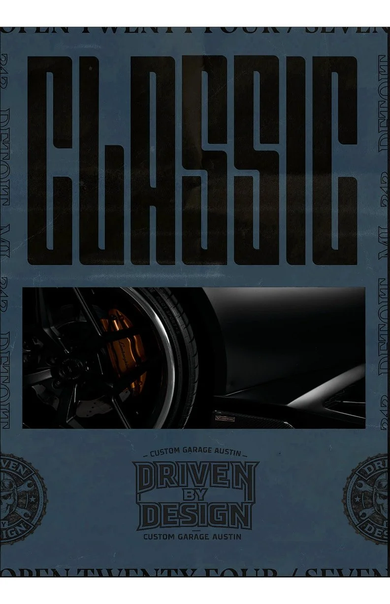 Close-up of a luxury car wheel with an orange brake caliper, seen through a window, with a background of a custom garage sign that reads "Driven by Design" and integrates the text "Custom Garage Austin."