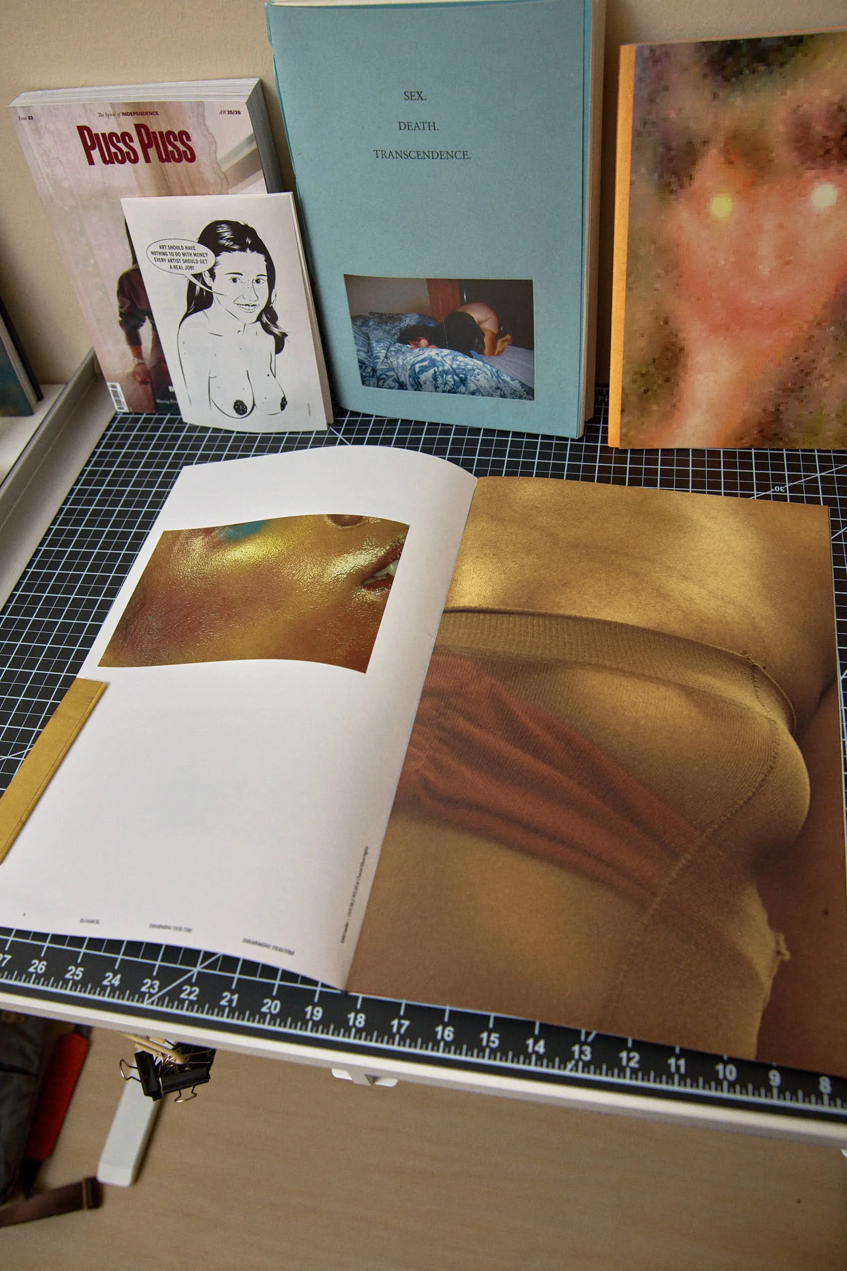 Open art book displaying a close-up photograph of a golden-colored, metallic surface, possibly a face with textured skin. Various other art books and printed images are arranged on a black grid-lined surface behind it.