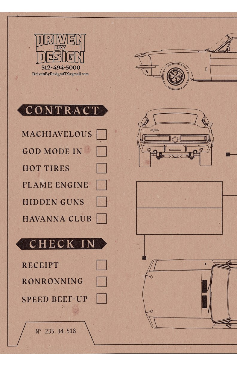 Vintage car design contract form with checkboxes for features like Machiavellous, God Mode in, Hot Tires, Flame Engine, Hidden Guns, and Havanna Club, alongside line drawings of different car views.