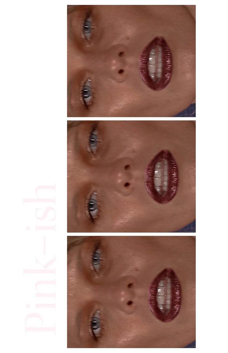 Close-up of a woman's face with makeup, featuring blue eyes, dark lipstick, and a neutral expression, repeated three times in a vertical column.