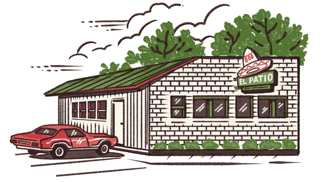 Illustration of a small restaurant with a green sloped roof, brick and wood siding, and a red sports car parked outside. The restaurant has a sign that reads 'El Patio' with a sombrero illustration.