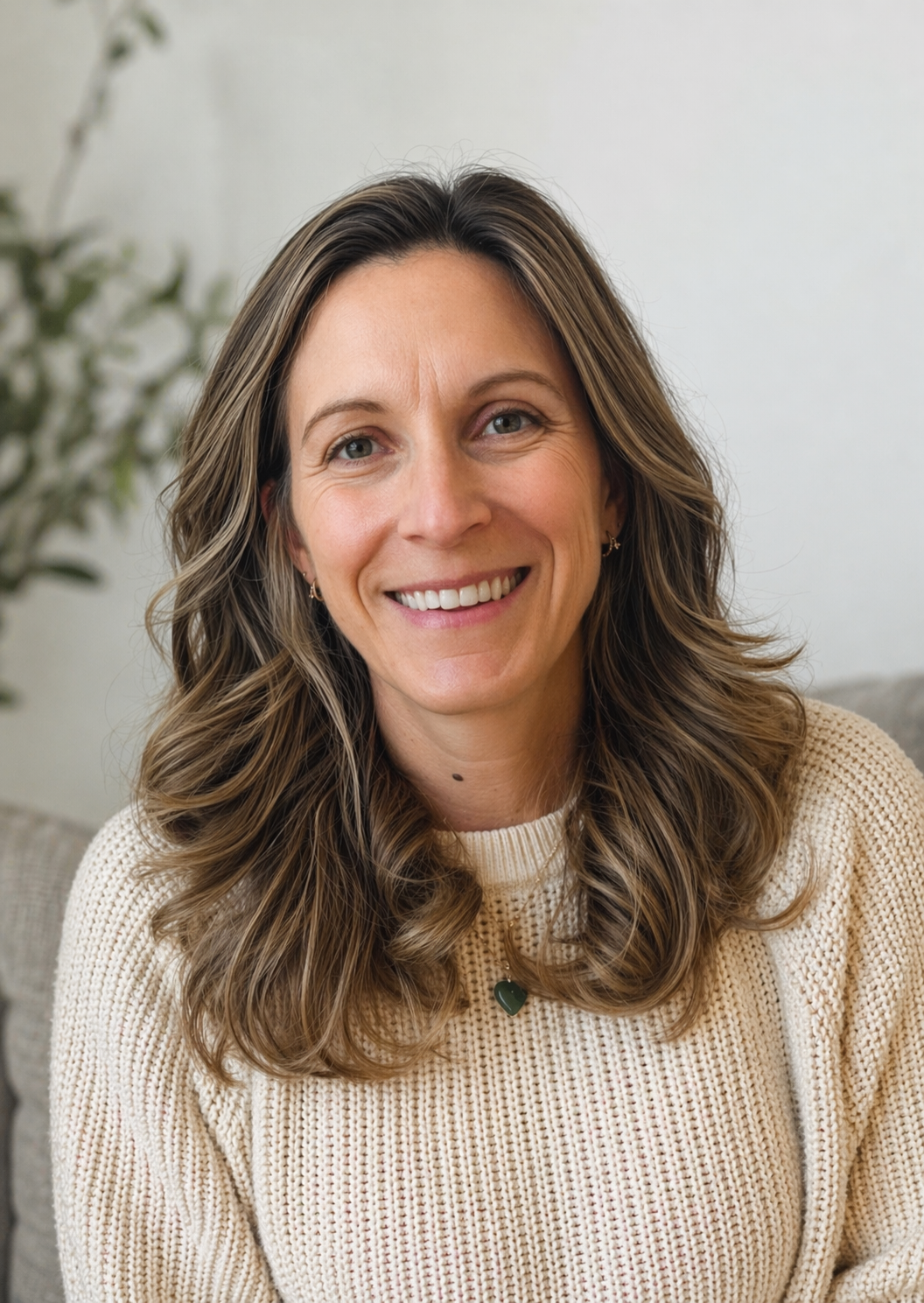 A woman with brown wavy hair smiling, wearing a cream-colored sweater and a necklace with a dark green heart pendant, sitting indoors with a light-colored wall and plant in the background.