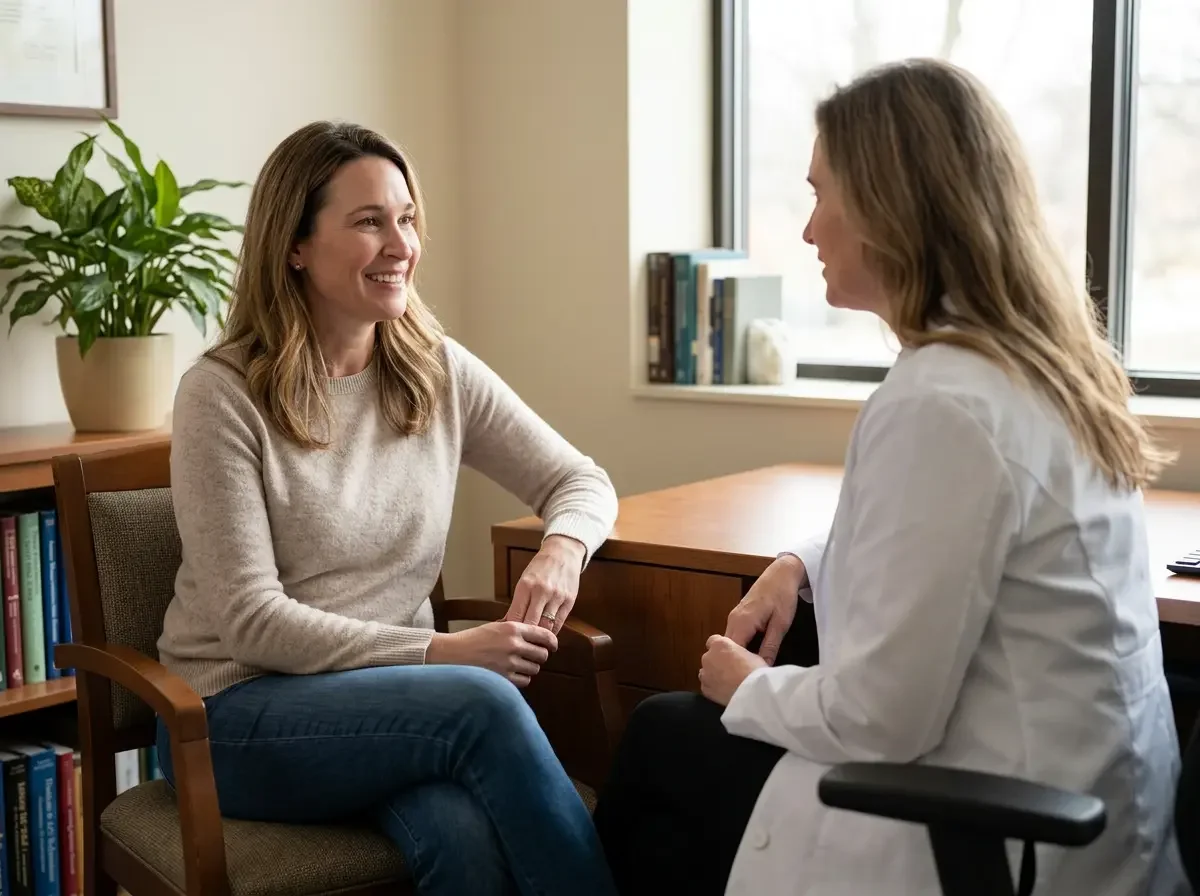 Woman in her early 40s in a calm, unhurried physician's office — concierge primary care and women's health at Manifest Health in Lafayette, CO