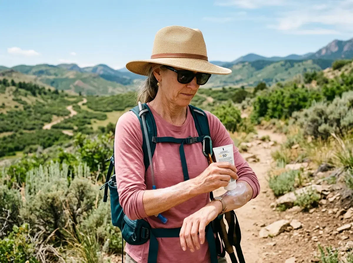UV safety at altitude: woman applying sunscreen on a sunny Front Range trail near Lafayette, Colorado