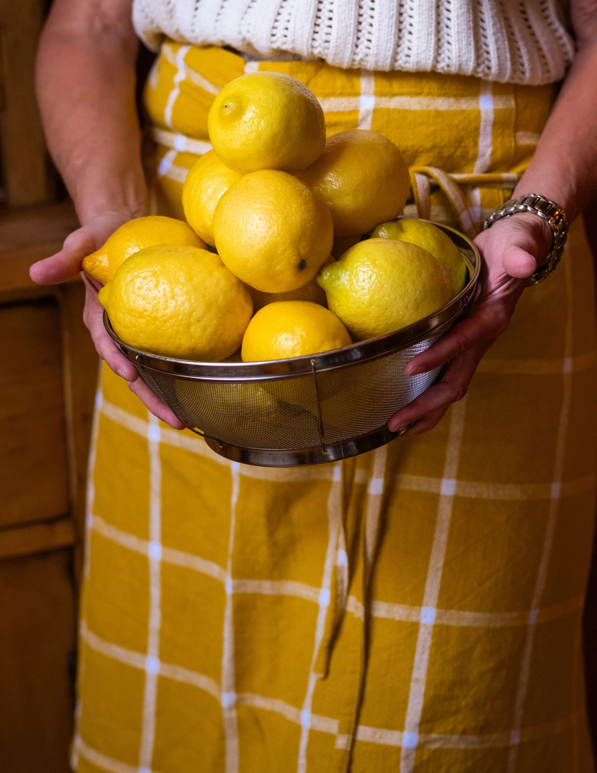 A person holding a metal bowl filled with yellow lemons, wearing a yellow and white checkered apron and a white knit sweater.