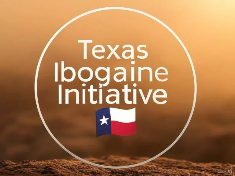 A logo that reads "Texas Ibogaine Initiative" in a white circle with a Texas flag overlayed.