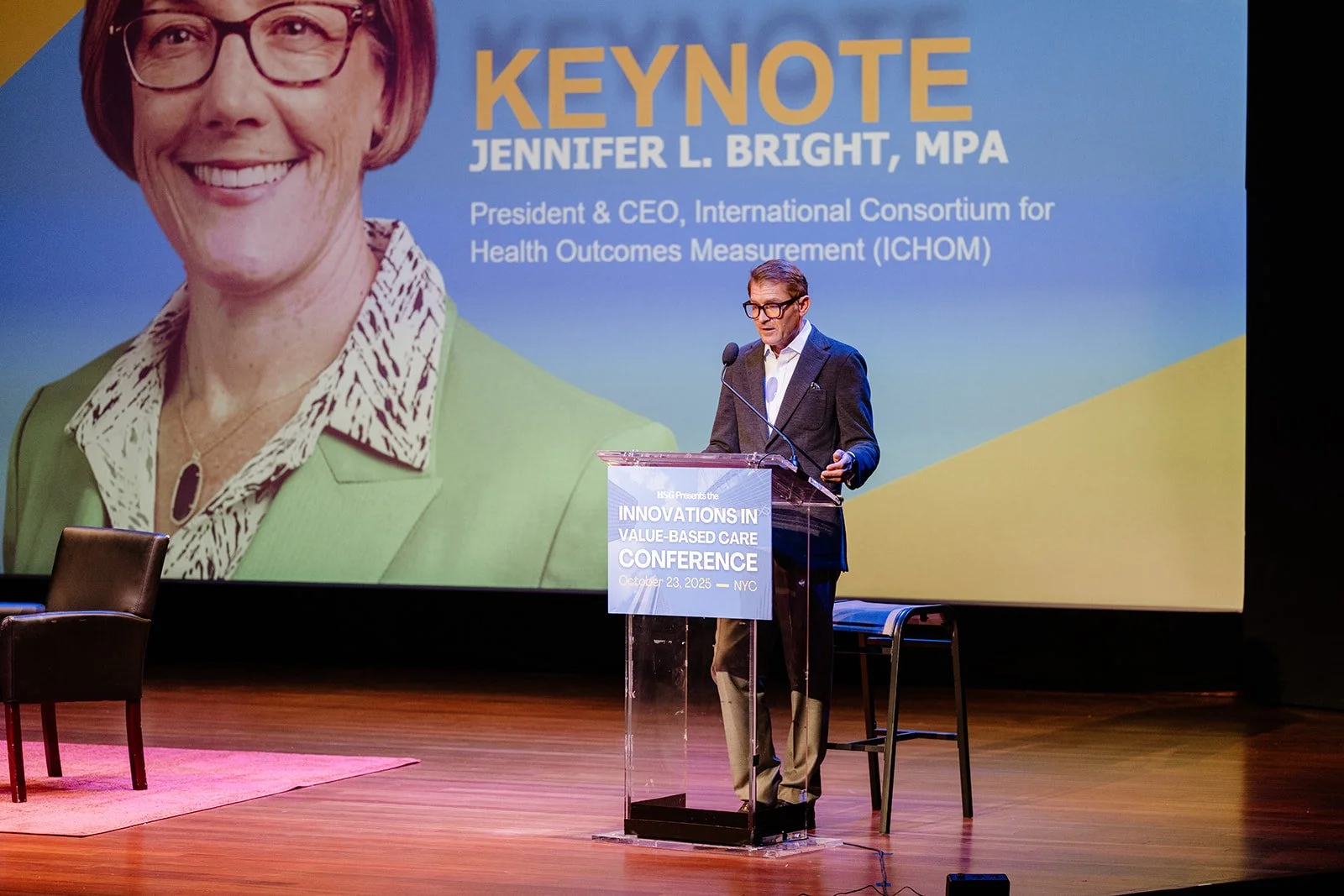  Jason Helgerson introduces Jennifer Bright,  President &amp; CEO of International Consortium for Health Outcomes Measurement, presents at the 2026 IVBC Conference hosted by HSG.  
