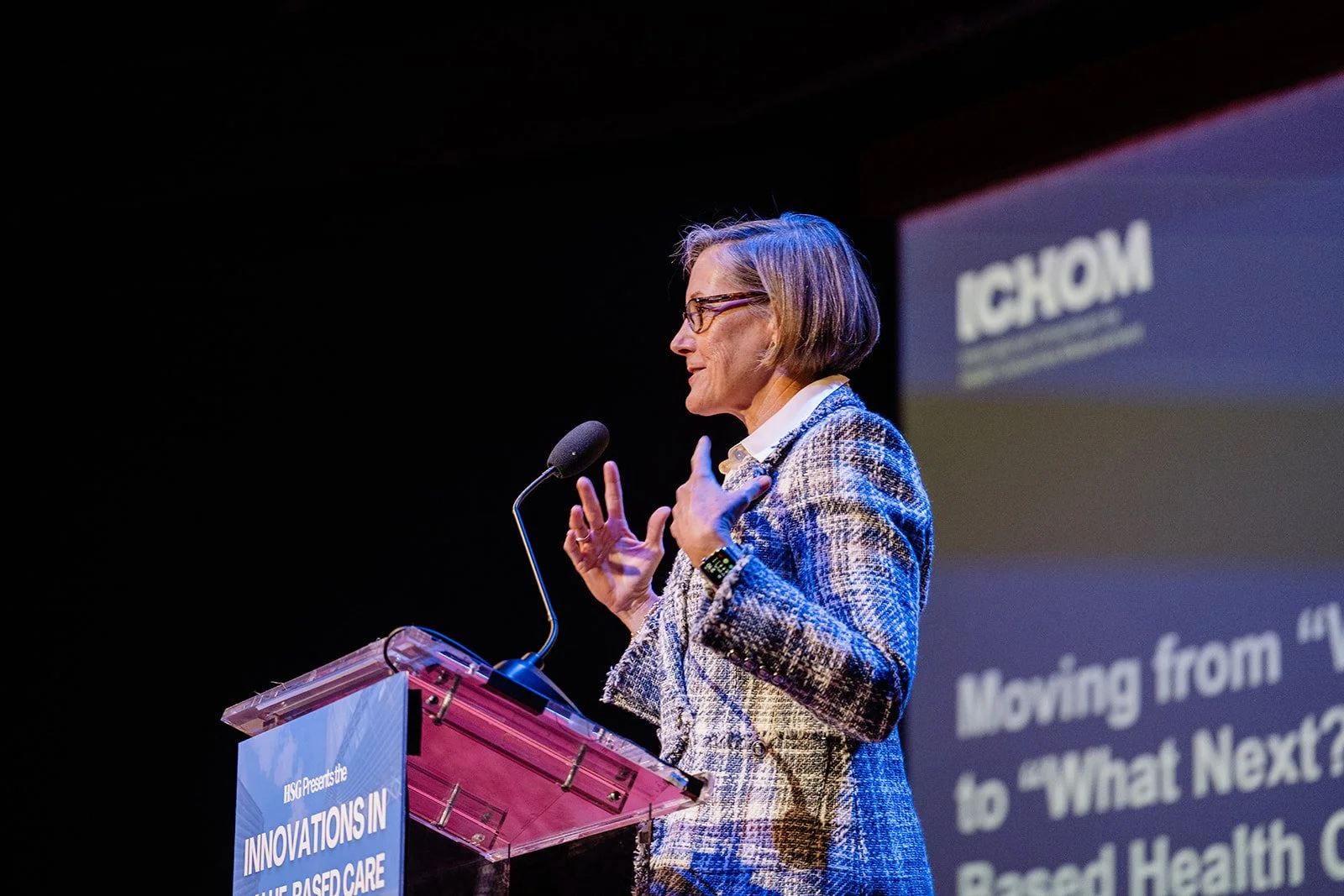  Jennifer Bright,  President &amp; CEO of International Consortium for Health Outcomes Measurement, presents at the 2026 IVBC Conference hosted by HSG.  