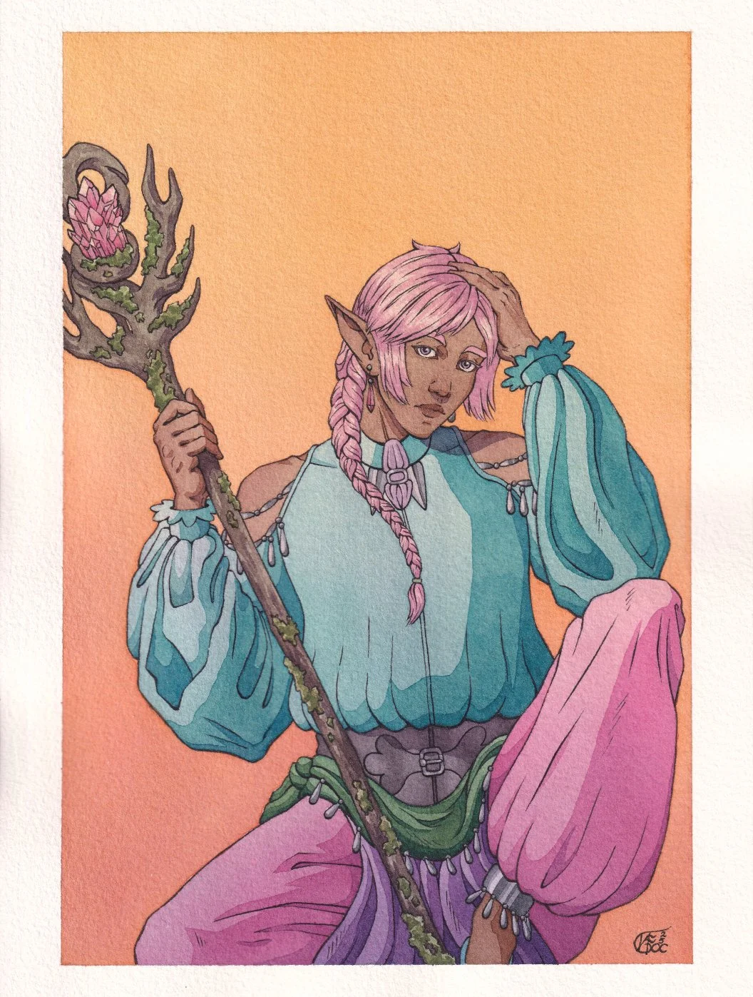 A traditional "line and color" style illustration inked in brush pen and painted with watercolours. The subject is a fantasy original character created by Anamardraak, Oën the elf conjurer.