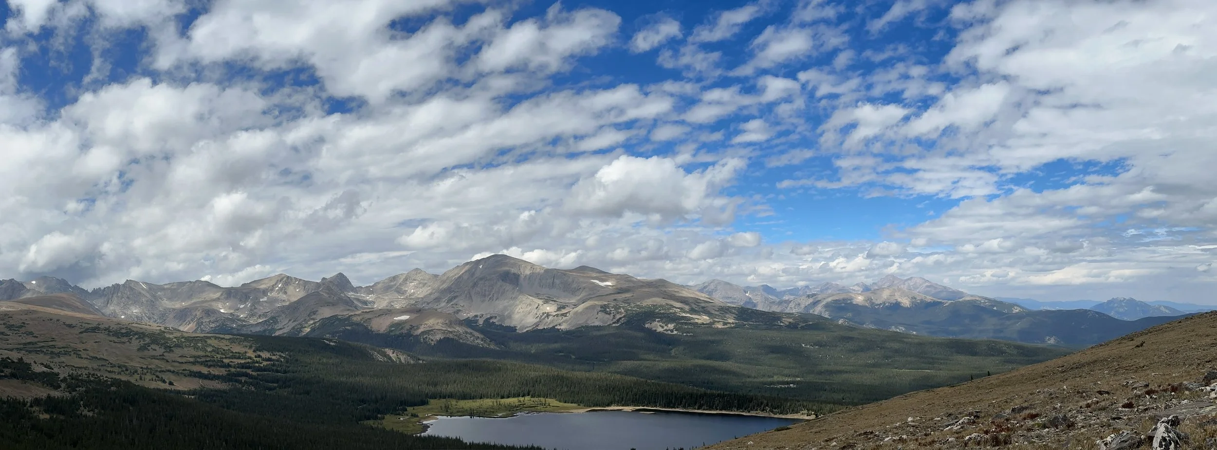 A panoramic view of Indian Peaks Wilderness from Niwot Ridge, CO.