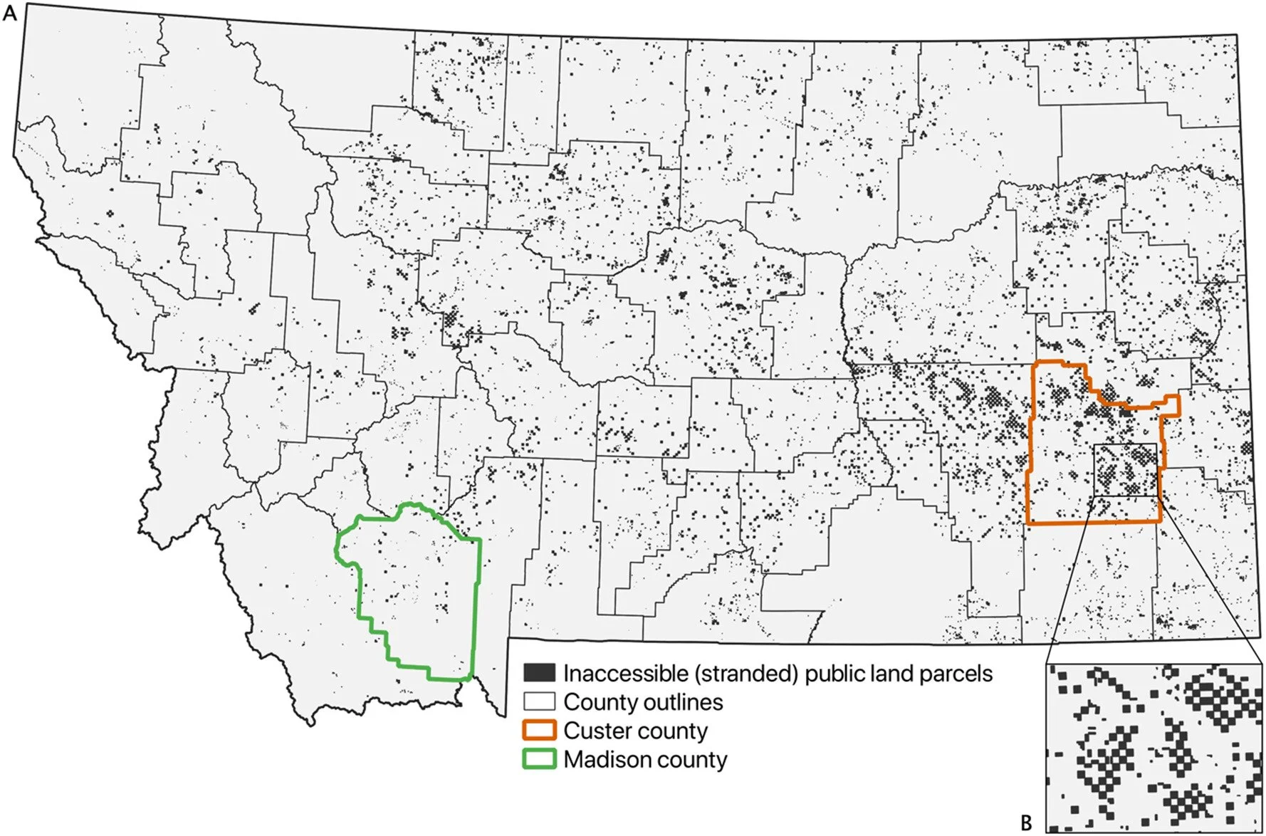 Map of Montana highlighting distribution of stranded land parcels.