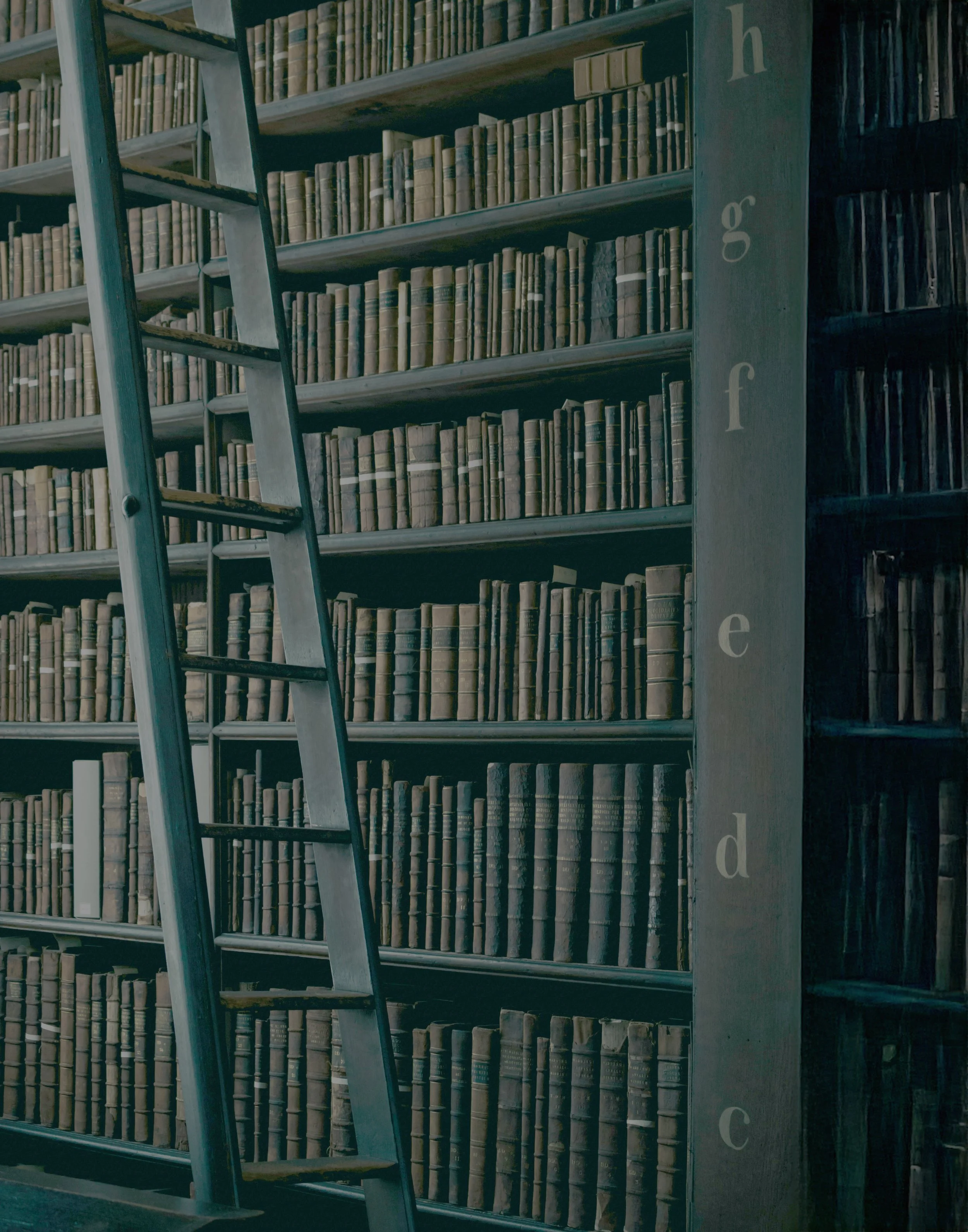 Library stacks in a green hue.