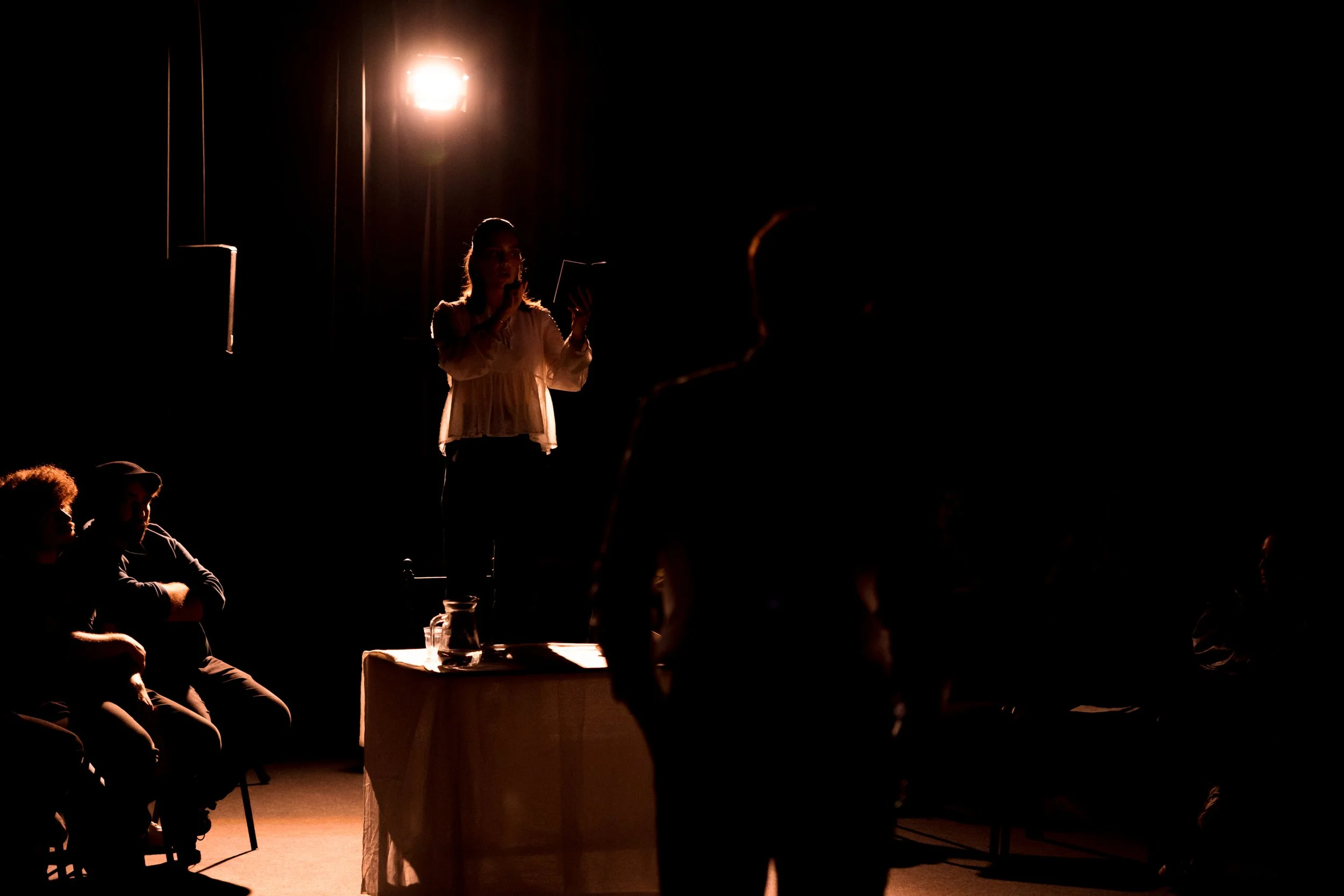 A woman standing at a podium, reading or speaking from a book or paper, with a bright light behind her, creating a silhouette effect, while several people sit in the darkness listening.