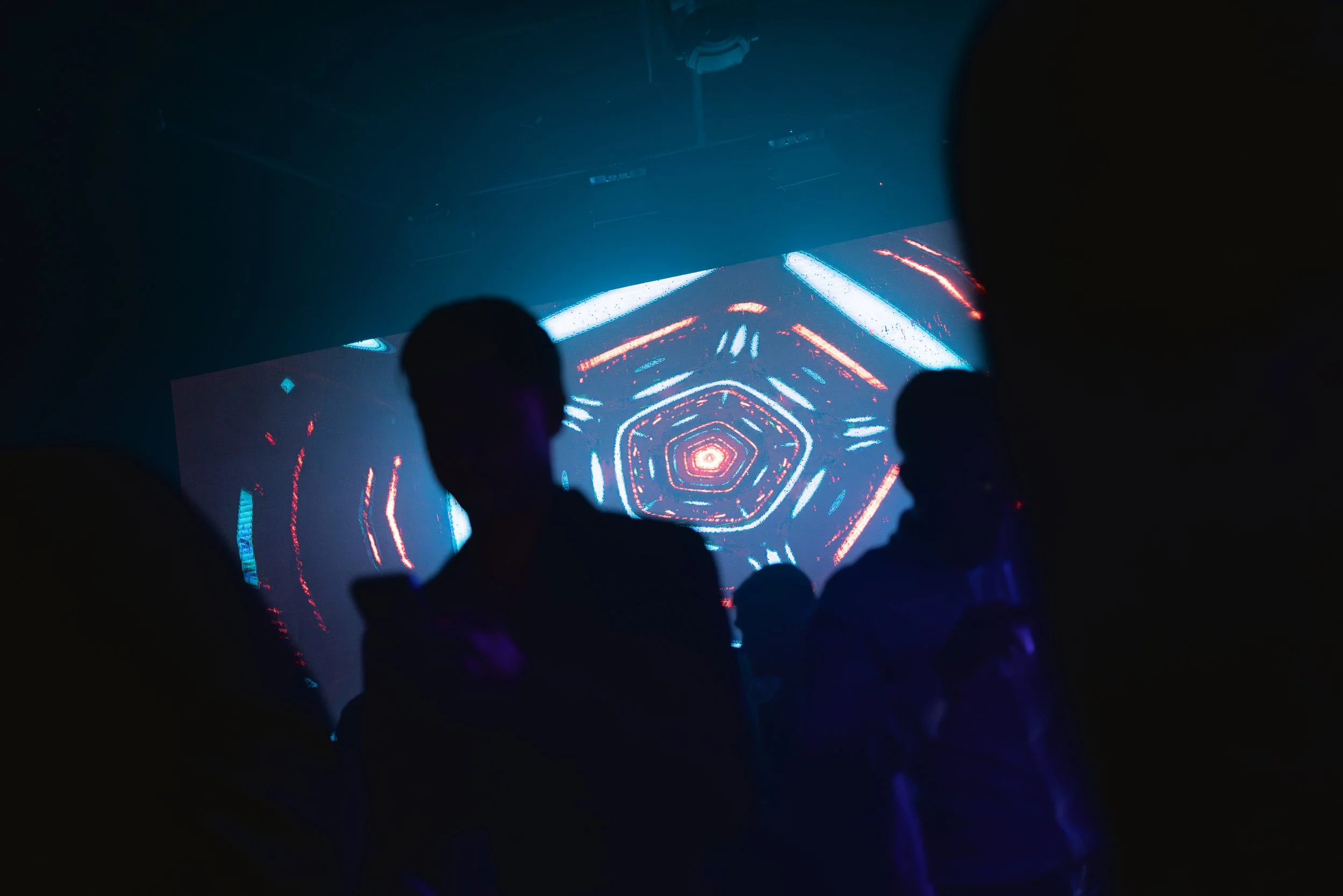 Silhouettes of people at a dark electronic music concert with a colorful, geometric, digital-style light display on a large screen.
