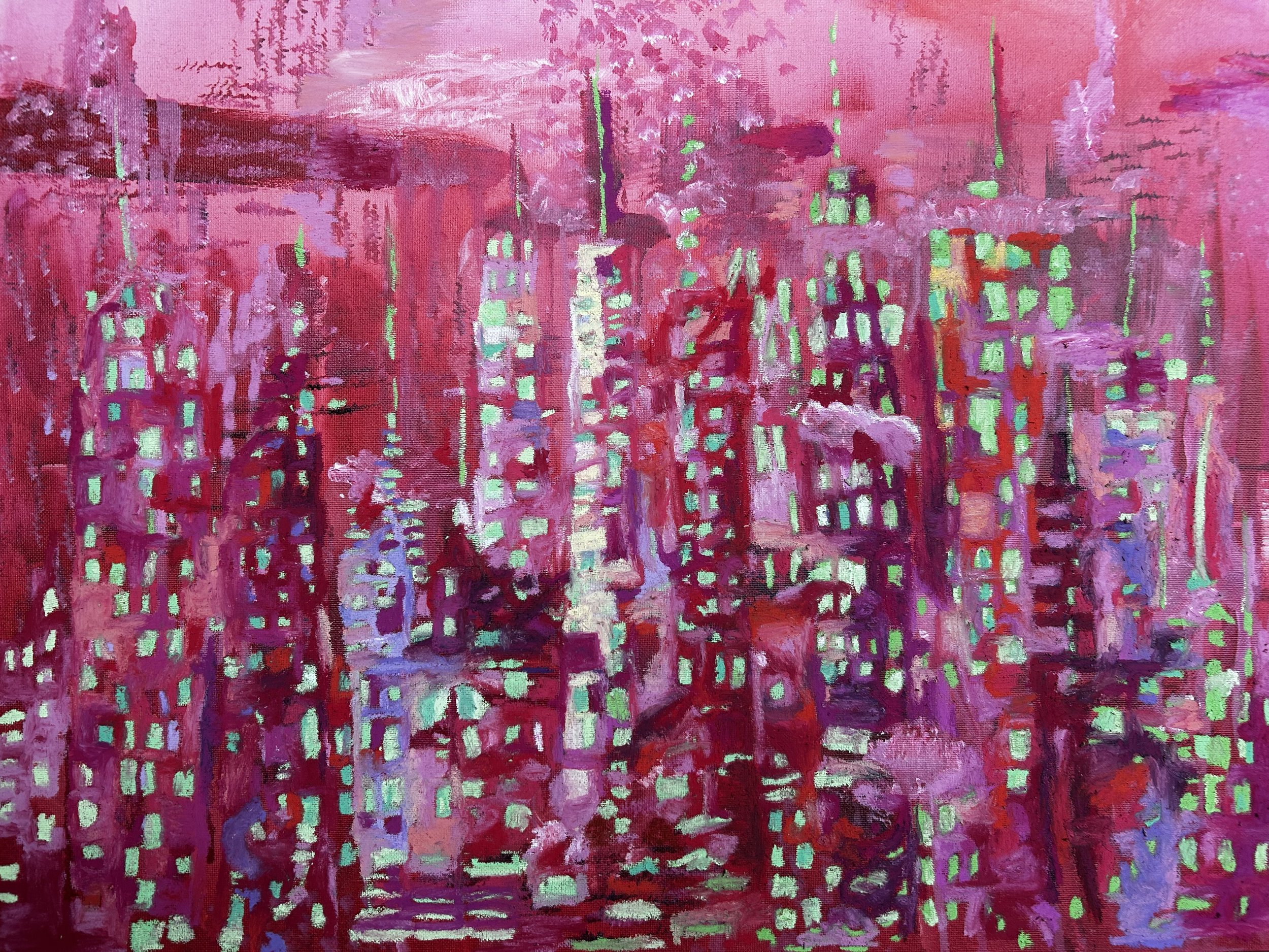 Metropolix, 2025; acrylic and oil pastel on canvas; 20 x 26 in.