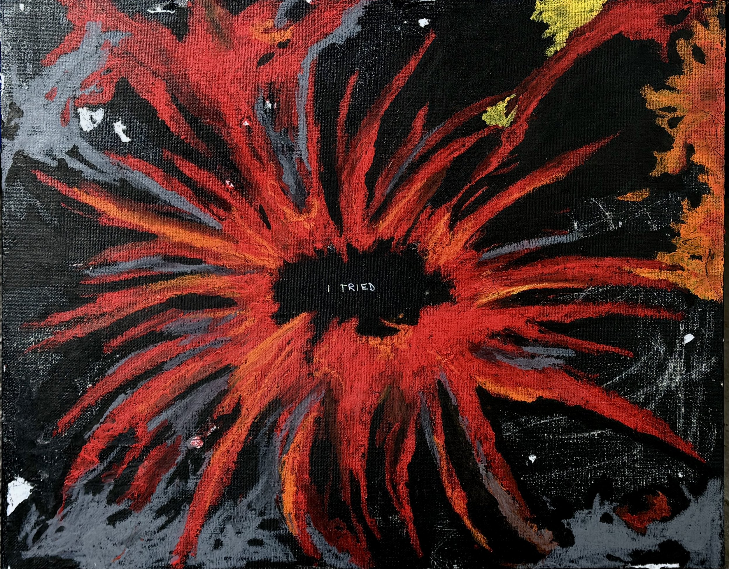 55 months, 2024; oil gel stick and acrylic on canvas board; 18 x 24 in.