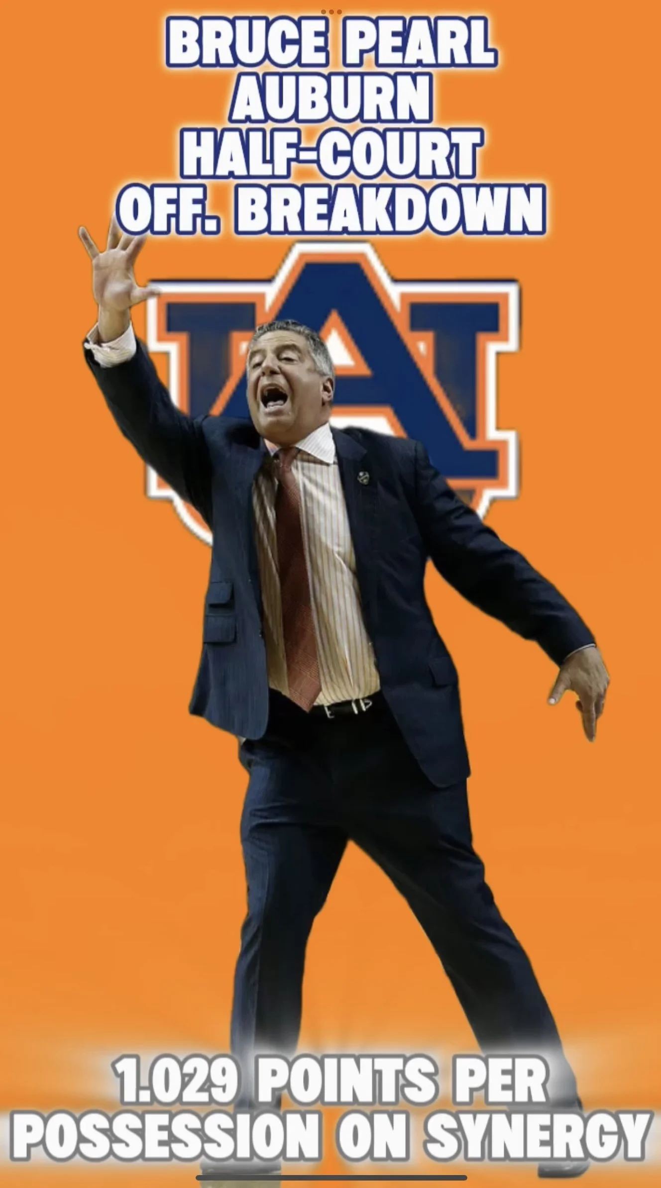 A man in a suit shouting and gesturing passionately in front of an Auburn Tigers logo on an orange background, with text about Auburn football team's defensive statistics.