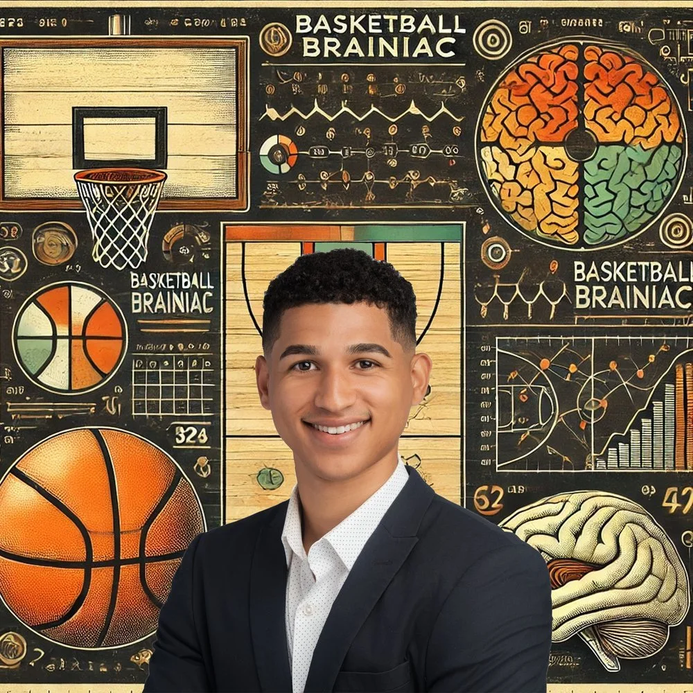 A young man in a suit smiling in front of a wall with sports and brain-themed diagrams labeled 'Basketball Brainiac'.