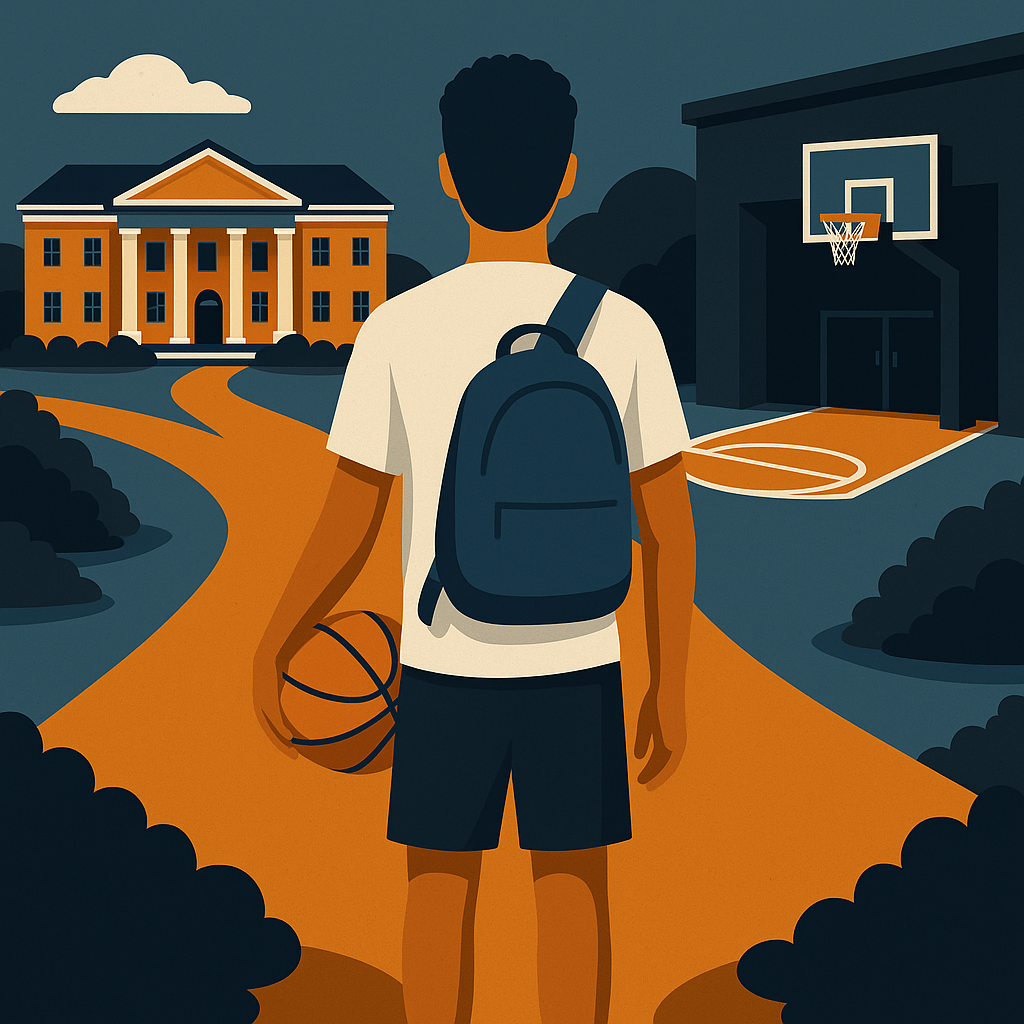 A young man with a backpack holding a basketball, standing on a pathway near a school with a basketball court, facing away from the viewer, with a large school building in the background and cloudy sky.