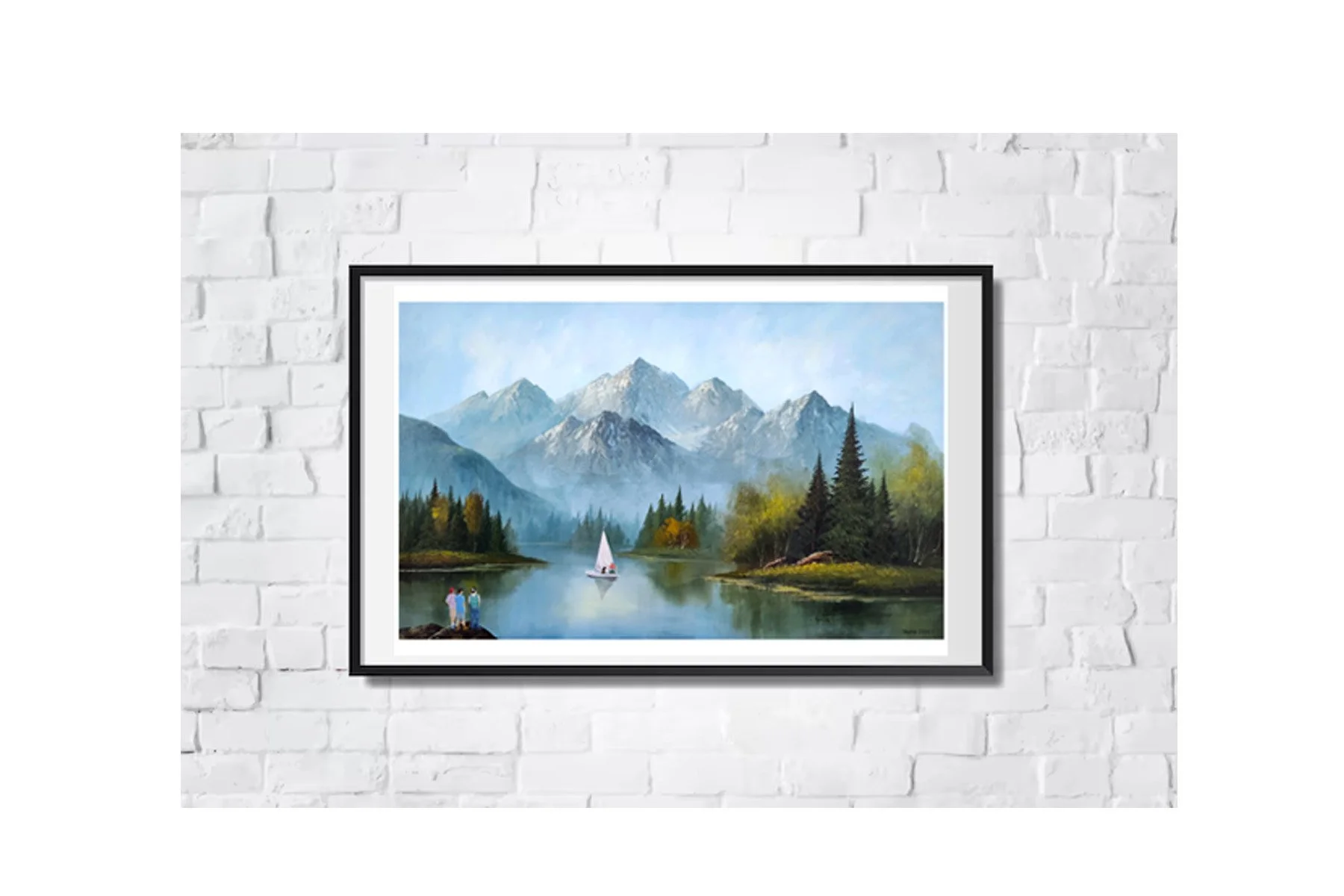 Tommy Boy boat scene featuring Chris Farley  painted on a vintage thrift store landscape by Tanya Szucs.