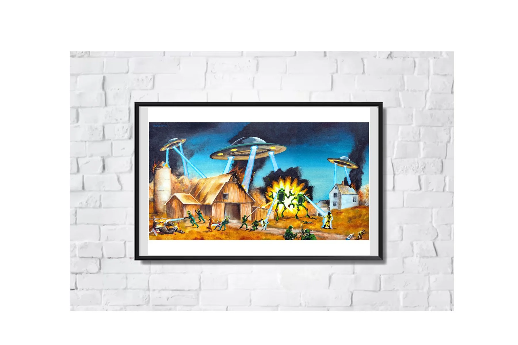 Mars Attacks! Martians painted on a vintage thrift store landscape by Tanya Szucs.