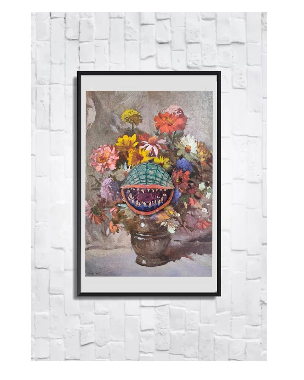 Audrey II Little shop of horrors painted on a vintage thrift store painting by Michigan artist Tanya Szucs.