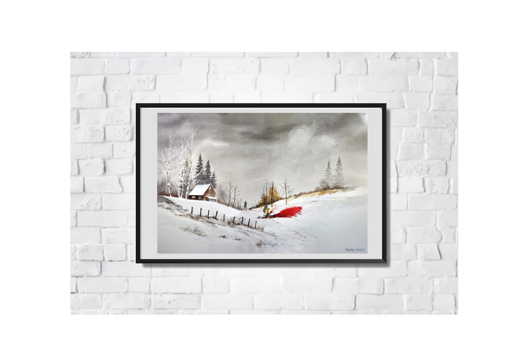 Fargo inspired painted on a vintage thrift store landscape by Tanya Szucs.