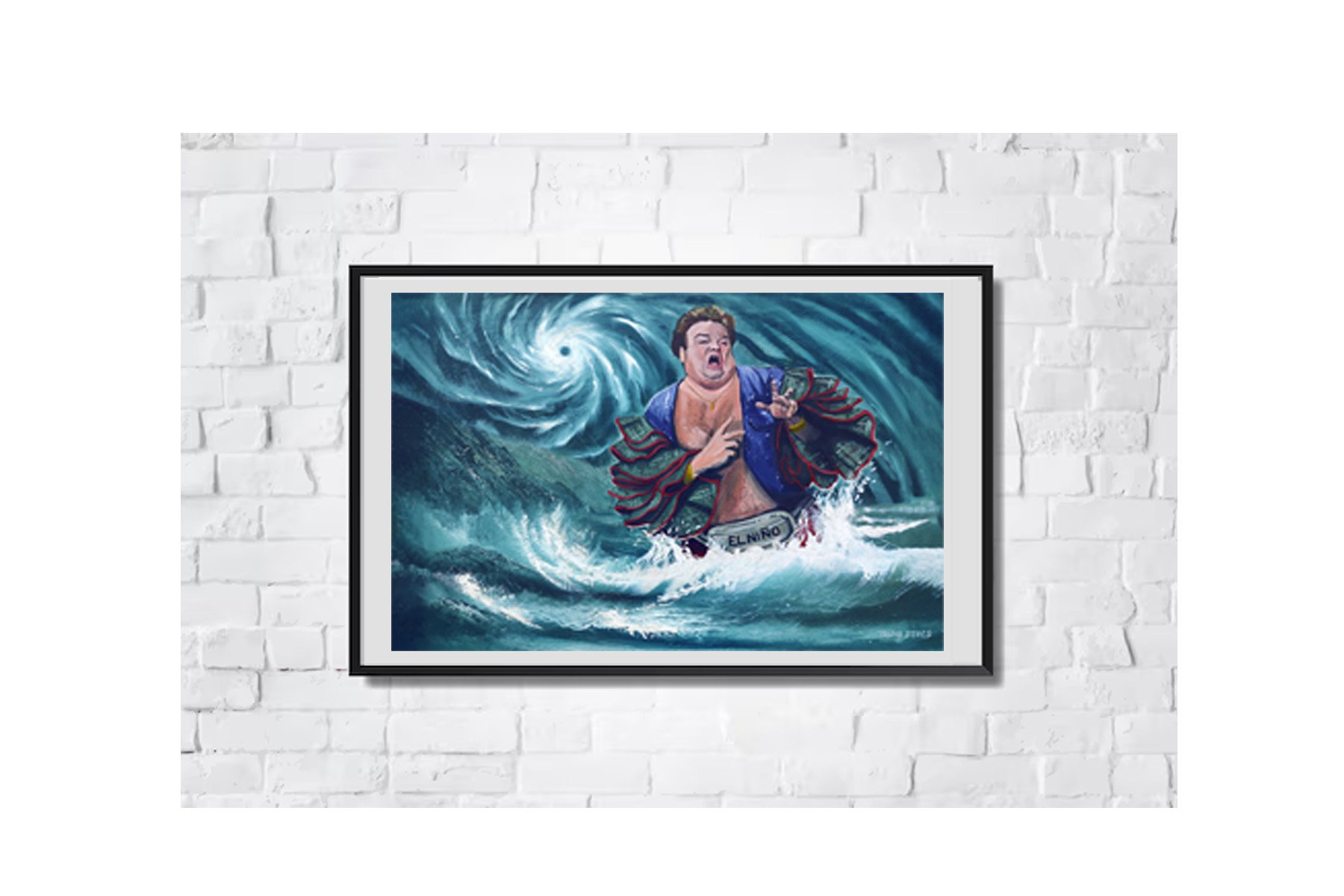 Chris Farley as El Niño painted on a vintage thrift store landscape by Michigan artist Tanya Szucs.