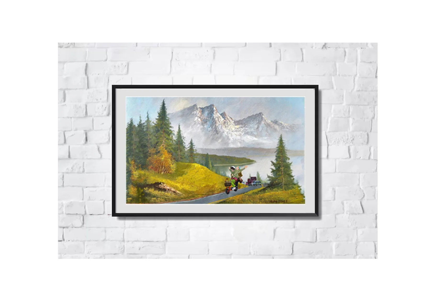 Dumb and Dumber inspired painting featuring Harry and Lloyd on a vintage thrift store landscape by Tanya Szucs.