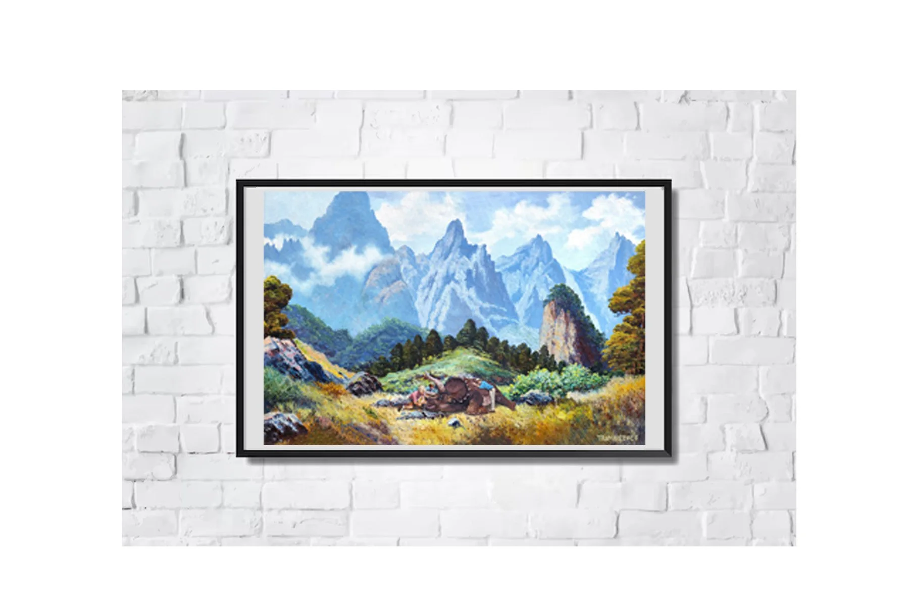 Jurassic Park scene painted on a vintage thrift store landscape by Tanya Szucs.