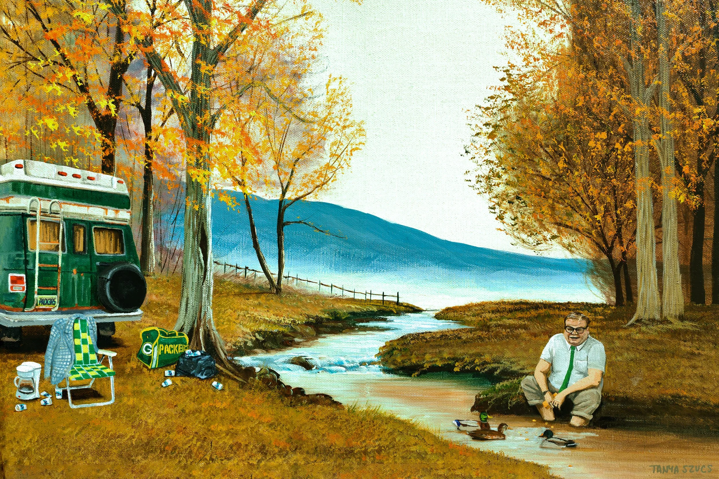 This funny upcycled art print features a reimagined thrift store painting transformed with a nostalgic pop culture twist inspired by the iconic 90s comedy sketch humor vibe.