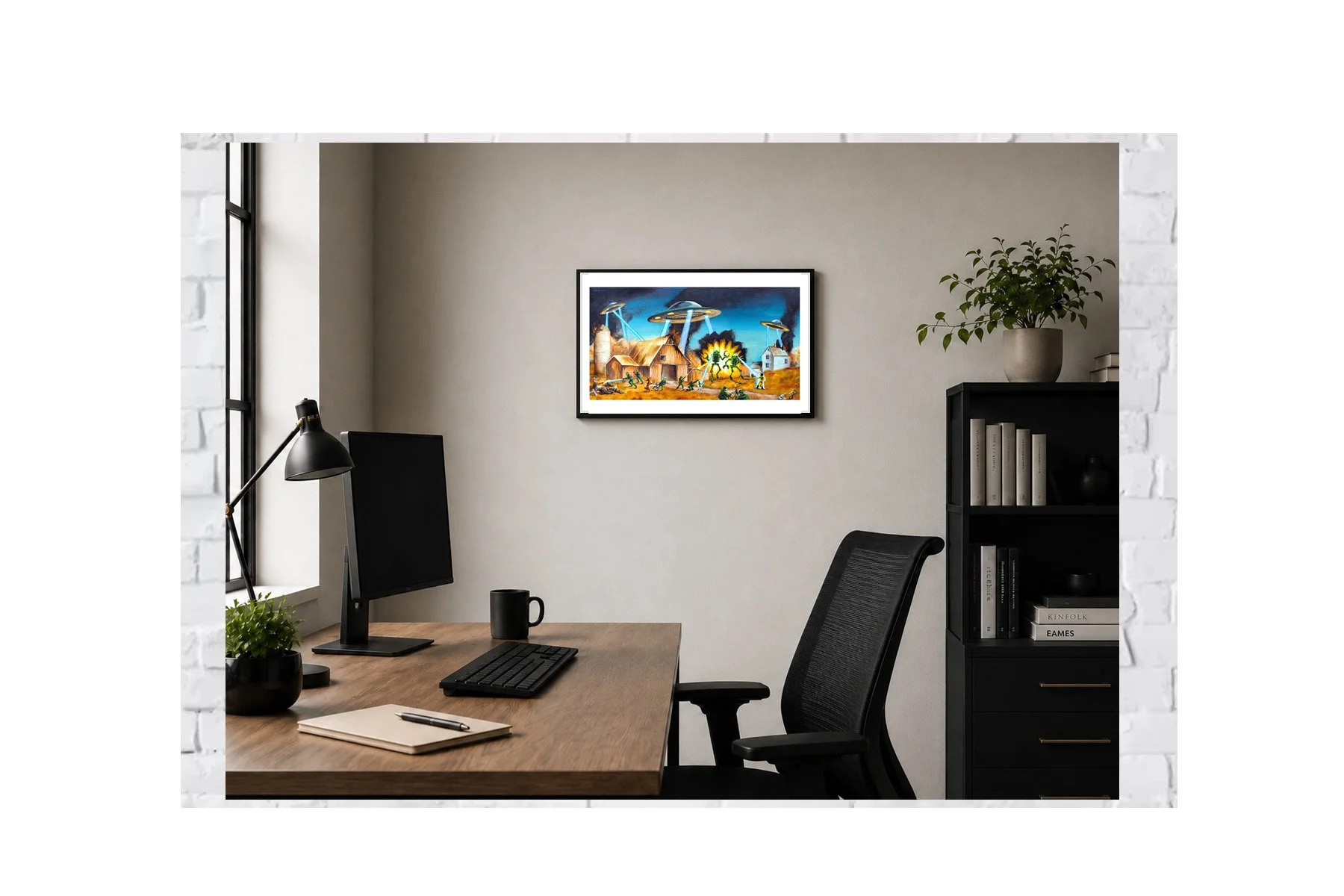 Mars Attacks! Martians painted on a vintage thrift store landscape by Tanya Szucs.