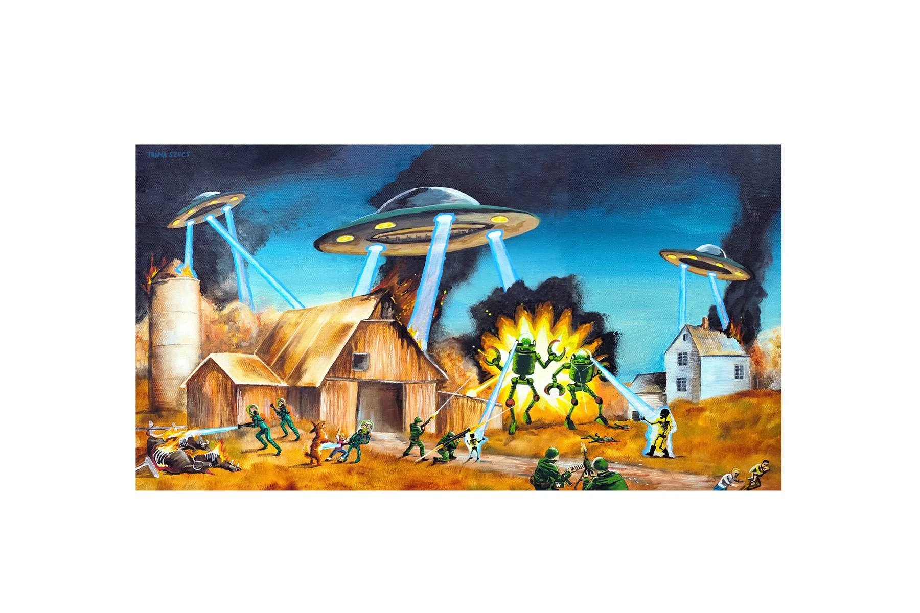 Mars Attacks! Martians painted on a vintage thrift store landscape by Tanya Szucs.