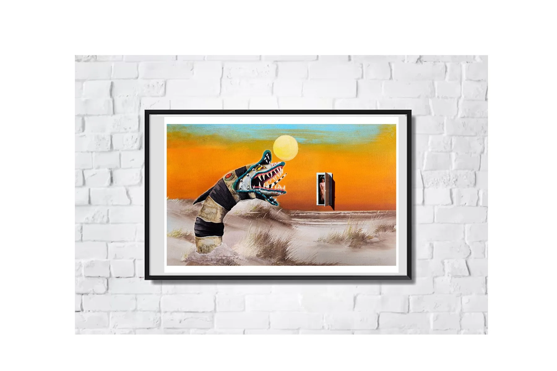 Beetlejuice sandworm scene painted on a vintage thrift store landscape by Tanya Szucs.
