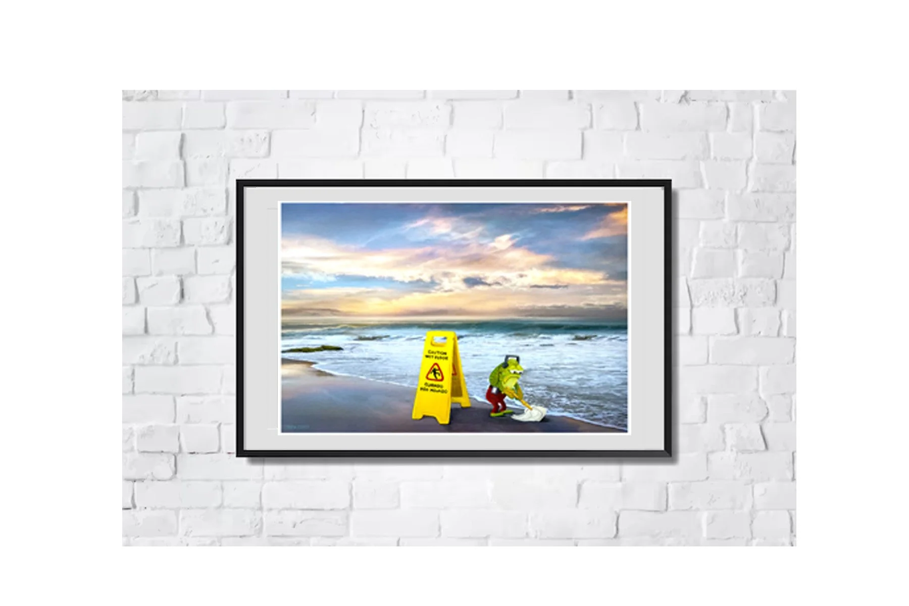 Fred from SpongeBob SquarePants painted on a vintage thrift store seascape by Tanya Szucs.
