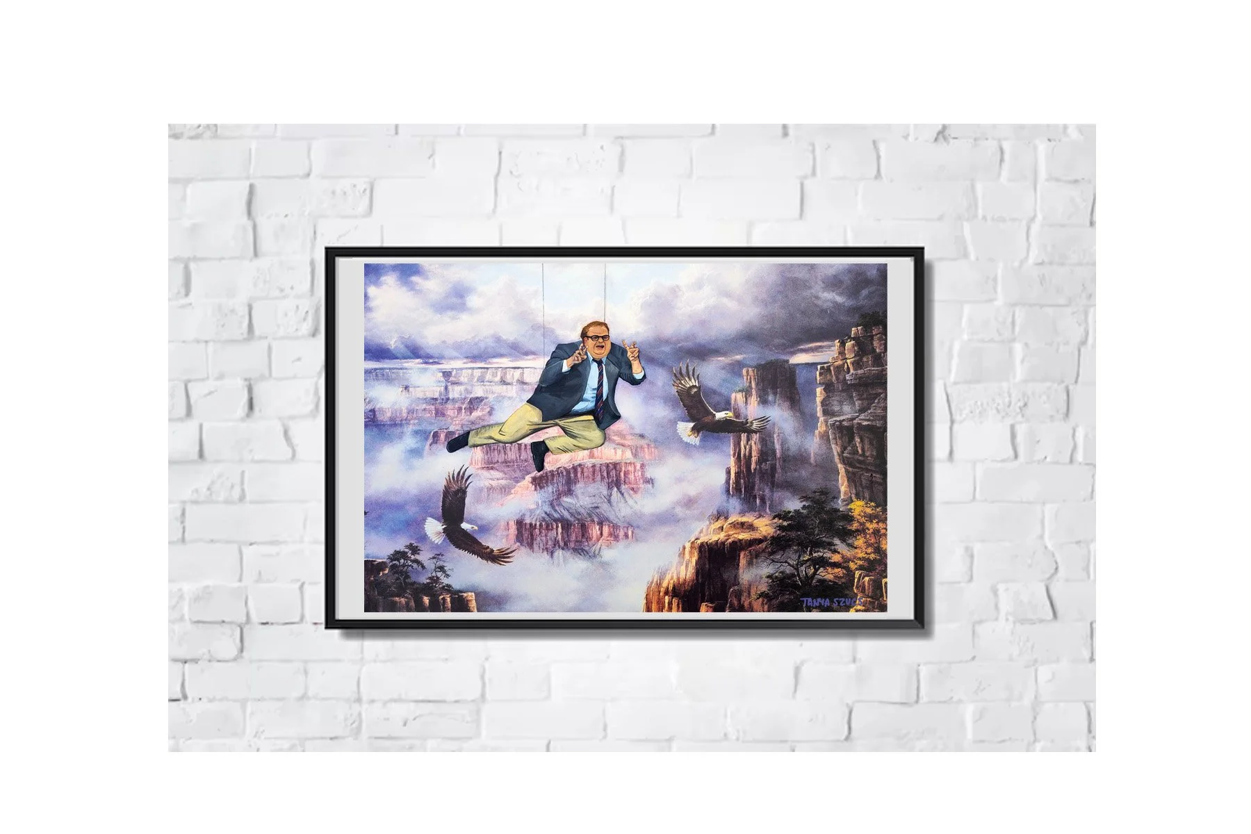 Chris Farley as Bennett Brauer from Saturday Night Live painted on a vintage thrift store landscape by Tanya Szucs.