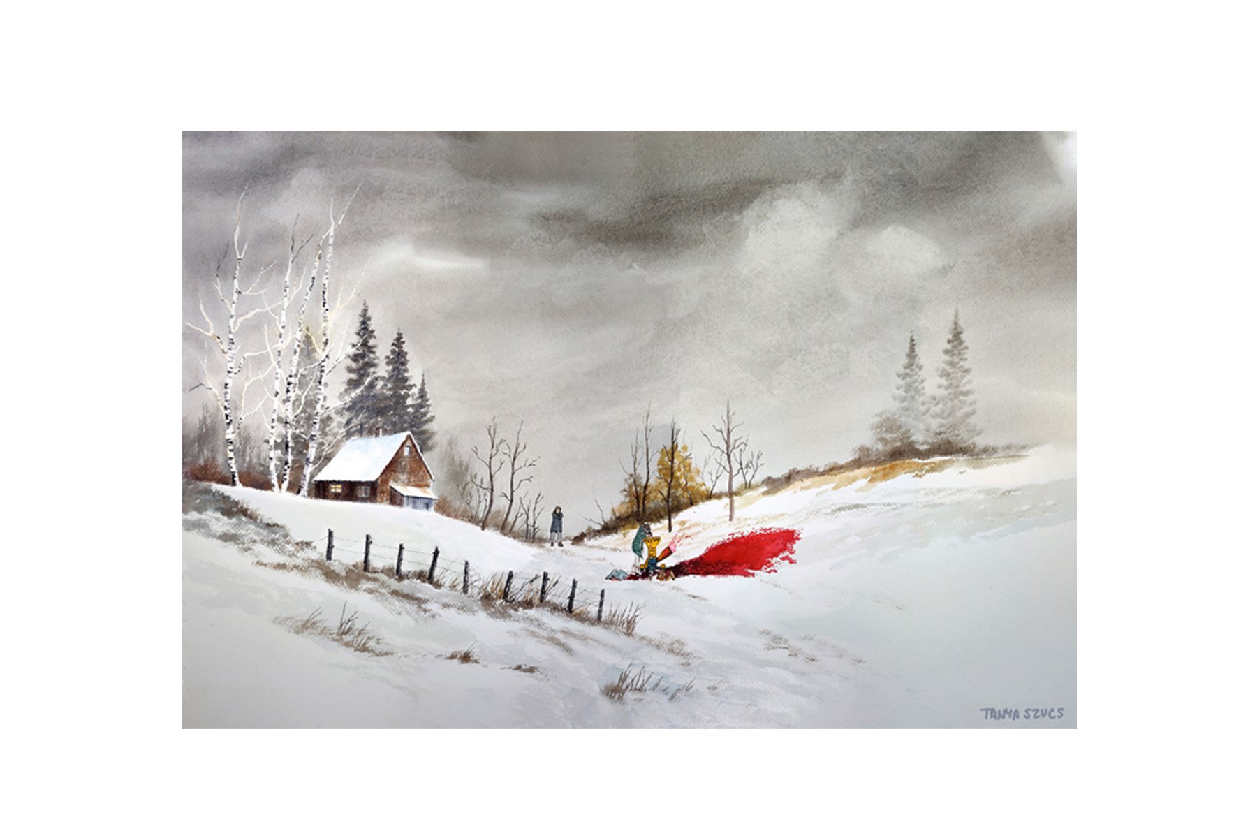 Fargo inspired painted on a vintage thrift store landscape by Tanya Szucs.