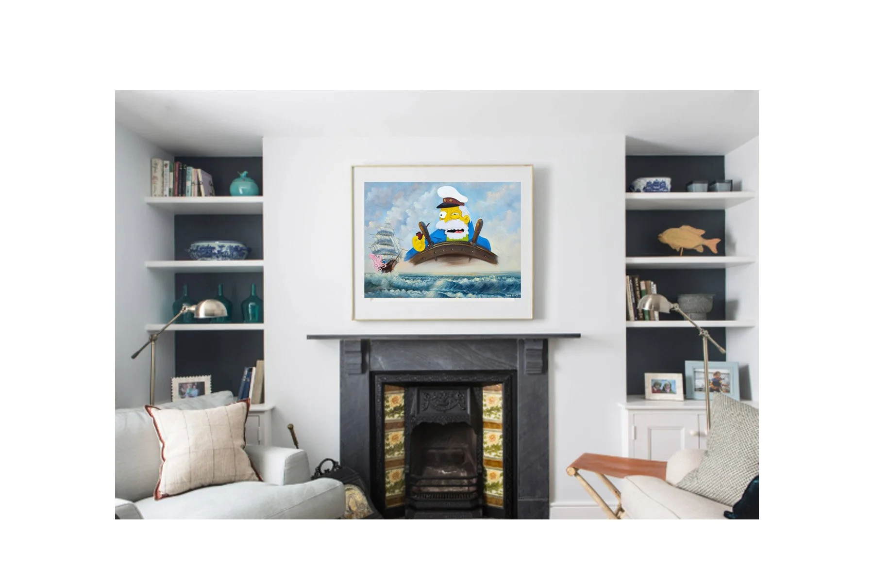 The Simpsons sea-themed painting on a vintage thrift store landscape by Tanya Szucs.