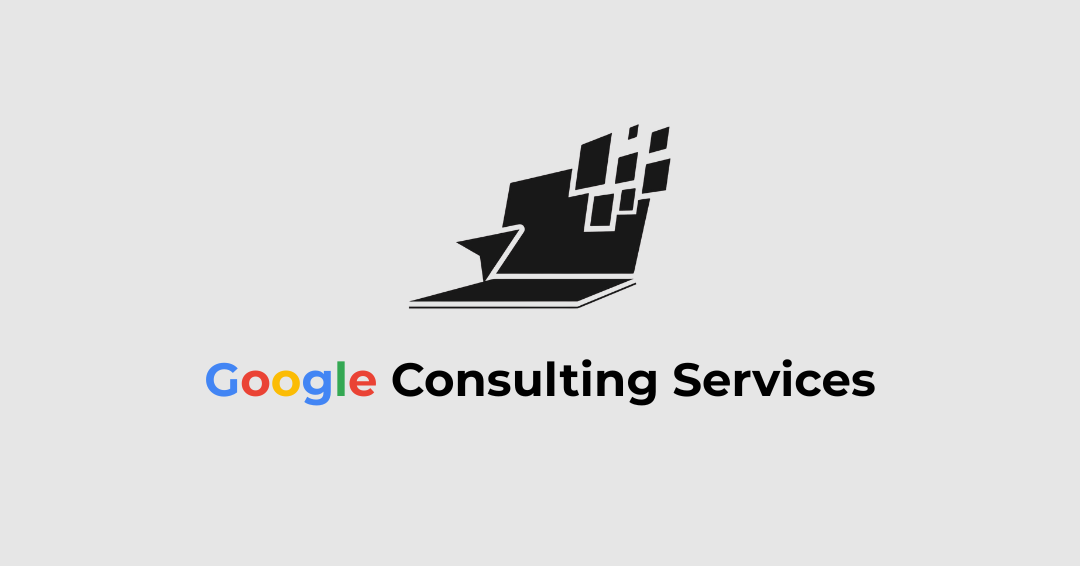 Stylized black-and-white graphic of a laptop with pixel squares emerging, 'Google Consulting Services' text below.