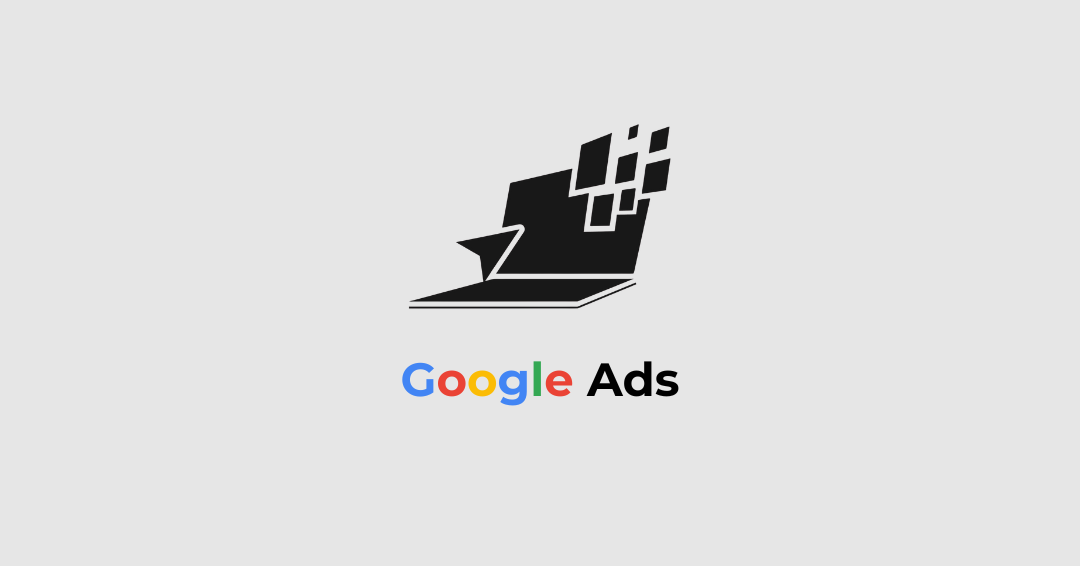 Stylized black-and-white graphic of a laptop with pixel squares emerging, 'Google Ads' text below.